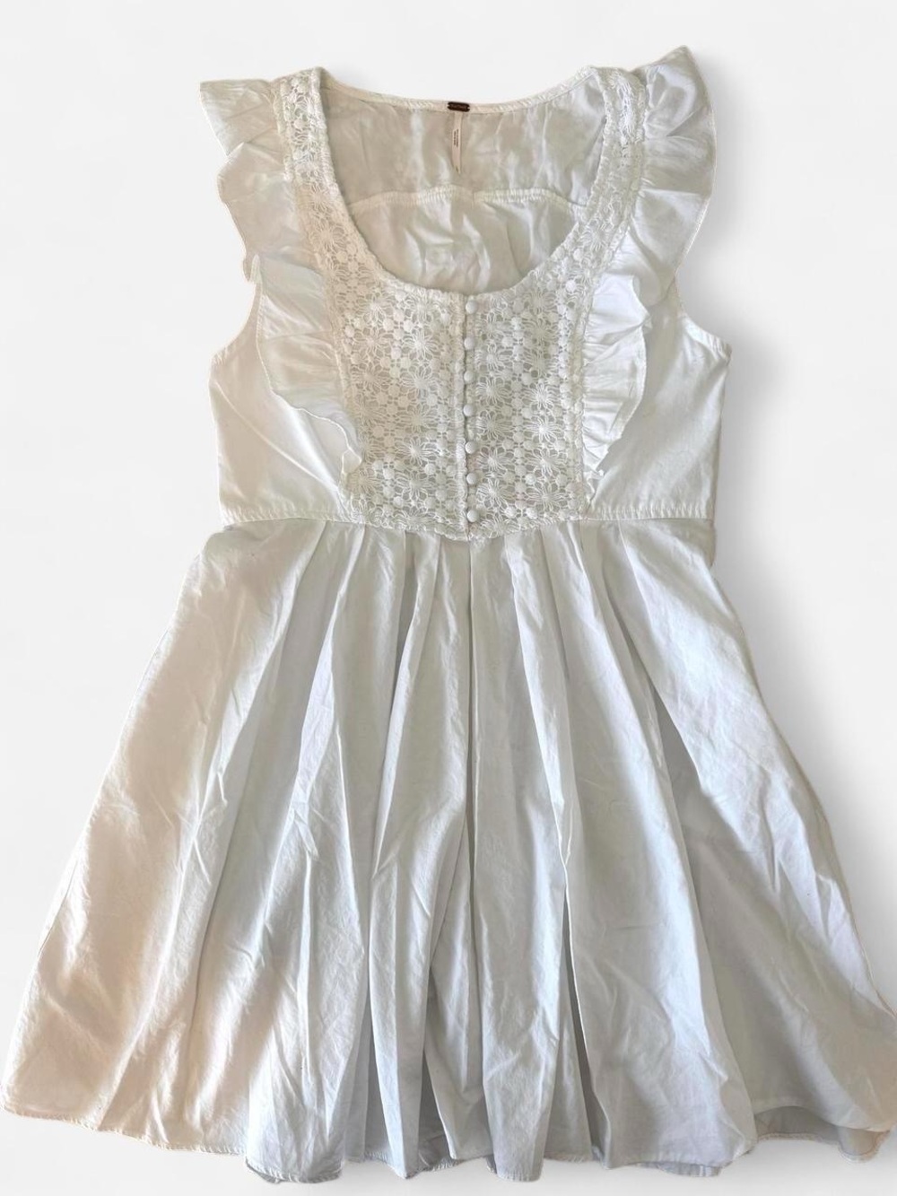 Free People White Ruffled Babydoll Mini Dress with Lace Bodice